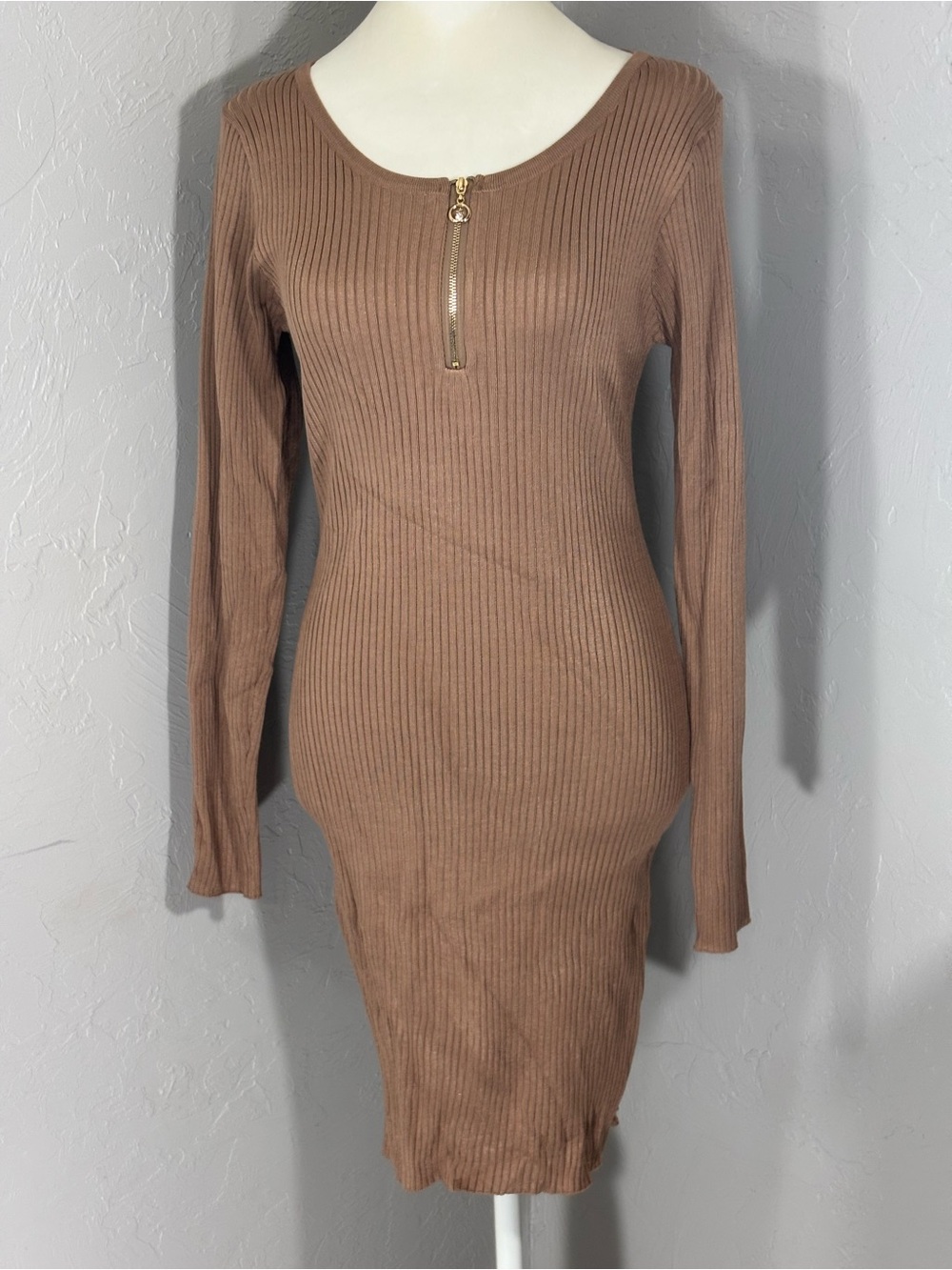 Say What? Ribbed Long Sleeve Bodycon Dress - Brown